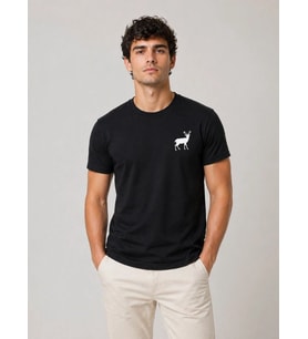 Siyah Erkek Geyik Nakışlı/Baskılı Kısa Kol Bisiklet Yaka Pamuklu T-Shirt