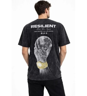 Erkek Asit Yıkamalı Baskılı Tişört Bisiklet Yaka Kısa Kollu Streetwear T-shirt - Siyah