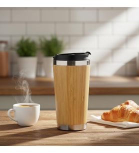 450 ml Bambu Kaplama Tabanlı Çelik Termos - Sıcak ve Soğuk Tutucu Gümüş Renkli Seyahat Bardağı (Mug)