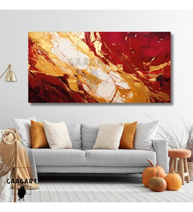 Panoramik Kanvas Duvar Tablosu Soyut Bordo Gold Krem Mermer Deseni