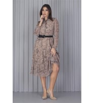 Neşeli butik kadın kemerli leopar desenli yeni sezon midi boy şifon elbise APCX04 (Bej)