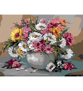 Gri Vazo ve Çiçekler Sayılarla Boyama Seti(50x65 cm Tuval Şasesine Gerili)