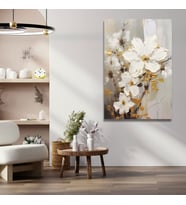 Tekli Dikey Kanvas Salon Tablosu Yağlı Boya Görünümlü Beyaz Çiçek