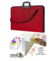 Resim Çantası 35x50 cm Resim Defteri Palet Fırça Seti 1 Paket Kırmızı Resim Proje Çantası Fermuarlı Kulplu 37x54 cm