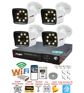 FURY 4 Kamera 5mp Lens 1080p 2mp Color Görüntü 8 Warm Led Gece Görüş FullHd Güvenlik Kamera Sistemi 5525W 320GB