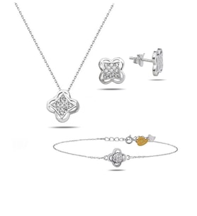 Swarovski Taşlı Elegant Yonca Kadın Gümüş Kolye Küpe Bileklik Set