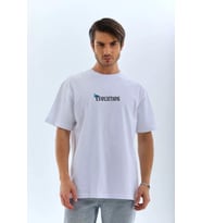 pilelistore- Unisex Bisiklet Yaka Baskılı Oversize T-Shirt - Beyaz