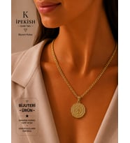 İpekish, Unisex, Madalyon Detaylı Gold Zincir Kolye Retro Antik Tasarım, Bijuteri