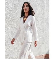 LCW STUDIO Beyaz Kruvaze Yaka Beli Kuşaklı Kadın %100 Keten Ceket