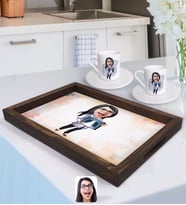 BK Gift Kişiye Özel Kadın Radyolojist Karikatürlü Doğal Ahşap Tepsi ve 2’li Kahve Fincan Seti-1