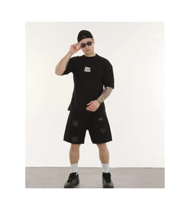 Unisex Bisiklet Yaka Baskılı Oversize T-Shirt - Siyah