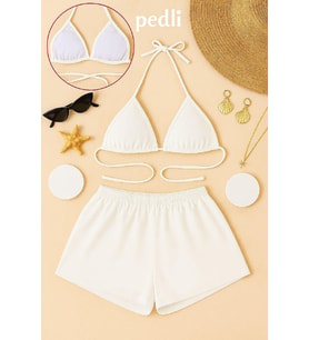 Kadın Beyaz Şortlu Belden ve Boyundan Bağlamalı Bikini Takımı