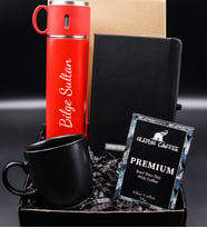 Kişiye Özel 580 Ml Bardaklı Kırmızı Çelik Termos & Siyah Defter & Siyah Kupa & Alerya Premium Filtre Kahve Hediye Seti