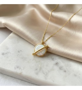 925 Ayar Gümüş Beyaz Opal Taşlı Gezegen Kolye (Gold)