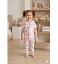 Kız Çocuk Pamuklu Kruvaze Yaka Önden Düğmeli Pembe Kurdale Desenli Mevsimlik Alt Üst Pijama Takım (Beyaz)