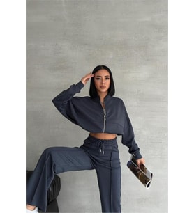 Neşeli butik kadın likralı yazlık kumaş çımalı eşofman takımı NBG001 (Antrasit)