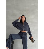 Neşeli butik kadın likralı yazlık kumaş çımalı eşofman takımı NBG001 (Antrasit)