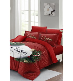 Yılbaşı Nevresim Takımı (Lastikli Çarşaflı) Çift Kişilik %100 Pamuk Saten Christmas