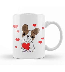 French Bulldog with Hearts Cartoon Pug Kupa Bardak Porselen