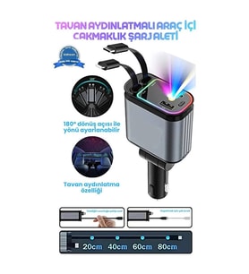 Led Işık Tavan Aydınlatmalı 66w 4’1 Çift Kablolu Hızlı Şarj 3.4a Araç İçi Çakmaklık Şarj Aleti