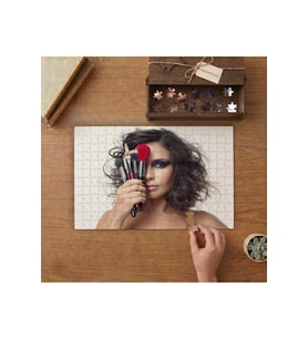 Makyajı Yapılmış Manken - Makyaj Fırçaları Tasarımı 240 parça Ahşap Puzzle Ahşap Kutuda MP00170