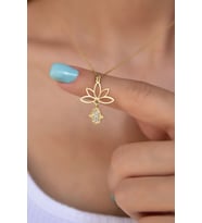 Gümüş Altın Kaplama Fatma Ana Eli Lotus Çiçeği Kolye 925 Ayar