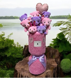 Premium Pembe ve Lila Peluş Ayıcık Kalp Yastıklı Peluş Vazo Tasarımlı Buket