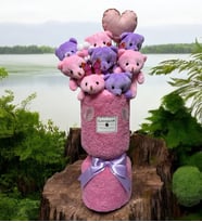 Premium Pembe ve Lila Peluş Ayıcık Kalp Yastıklı Peluş Vazo Tasarımlı Buket