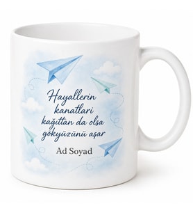 Kağıt Uçak Temalı Baskılı Kupa Bardak Hediye Porselen Mug Özel Tasarım