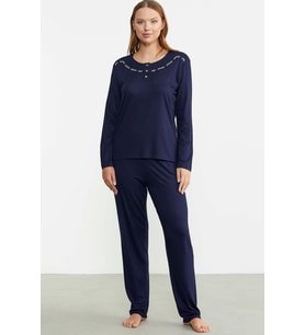 Sıfır Yaka Düğmeli Pijama Takım - Lacivert