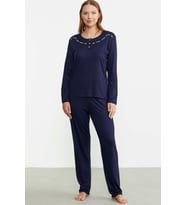 Sıfır Yaka Düğmeli Pijama Takım - Lacivert