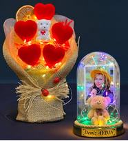 Size Özel Renkli Led Işıklı Fanus ve Led Işıklı Kalp Buketi Hediye Seti (Model 2)