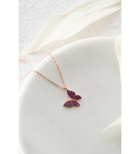 925 Ayar Gümüş Rose Pembe Taşlı Minik Kelebek Kolye