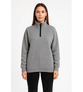 Üç İplik Dık Yaka Yarım Fermuarlı SweatShirt - Gri