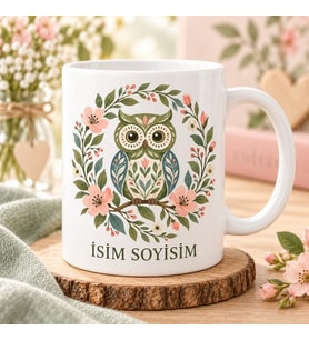 Kişiye Özel İsimli Sevimli Baykuş ve Çiçek Tasarımlı Seramik Kupa Bardak