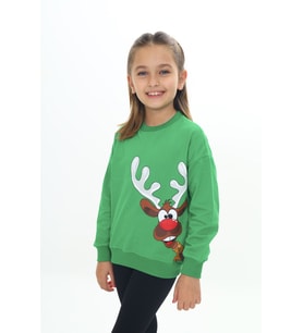 Toontoy Kız Çocuk Noel Baba Geyiği Baskılı Sweatshirt (Çimen Yeşili)