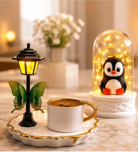 Sokak Lambalı Premium Kahve Fincanı ve LED Işıklı Fanus(penguenli) Seti
