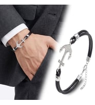 💎 Premium Zirkon Taşlı Çelik Çapa Detaylı Ayarlanabilir Deri Erkek Bileklik 31834B27D1  -  23 cm