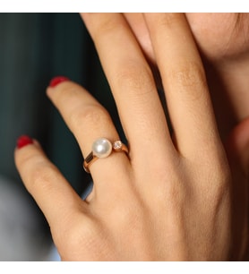 925 Ayar Gümüş Tek İncili Zirkon Taşlı Yüzük (Rose)