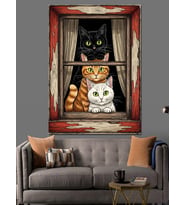 Pencereden Bakan Üç Kedi Dekoratif Kanvas - Mdf Ahşap Tablo