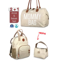 Stylo Mommy Bag Bebek Bakım Kadın Omuz Çantası + Popi Anne Kadın Sırt Çantası Termos Çanta Hediye (Bej-Bej-Bej)