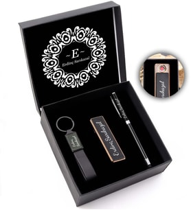Kişiye Özel Kalın Siyah Renk Touch Pen & Elektronik Alevsiz USB Şarjlı Çakmak & Siyah Anahtarlık Hediye Seti