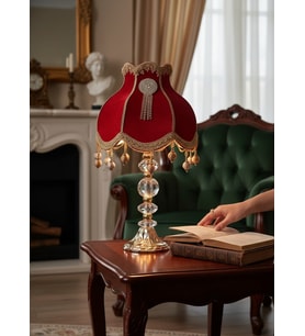 Kırmızı Redviev Cristal Abajur Broşlu Başlık Kristal Metal Ayaklı Klasik Model Abajur 50x30cm