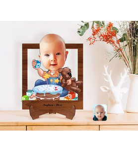 BK Gift Kişiye Özel Bebek Doğum Günü Karikatürlü Ahşap Standlı 3D Biblo-1 (Beyaz)