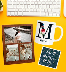 Kişiye Özel Baş Harf İsim Soyisim Beyaz Kupa 3 Fotoğraflı Kolaj Ve Kendi Mesajını Oluştur Kart Seti