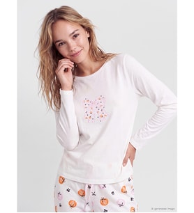 LCW Young Ekru Bisiklet Yaka Baskılı Kadın Pijama Takımı
