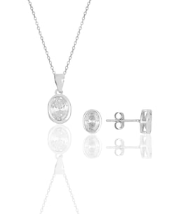 Söğütlü Silver Gümüş rodyumlu oval kesim zirkon taşlı kolye kupe ikili set..