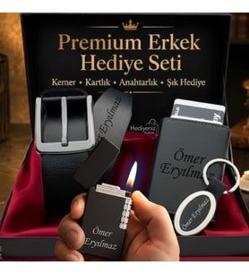 İsme Özel Premium Tasarım Erkek Hediye Seti - Mekanizmalı Otomatik Kartlık Cüzdan Kemer Çakmak Anahtarlık - Babaya Arkadaşa Eşe Sevgiliye Hediye