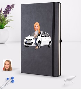 BK Gift Kişiye Özel Plakalı Kadın Nissan Micra Karikatürlü Siyah Termo Deri Defter 16x24cm Model 1