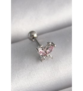 316L Çelik Gümüş Renk Pembe Zirkon Taşlı Kelebek Tragus Piercing 5886 - HPSBYI9523-2605